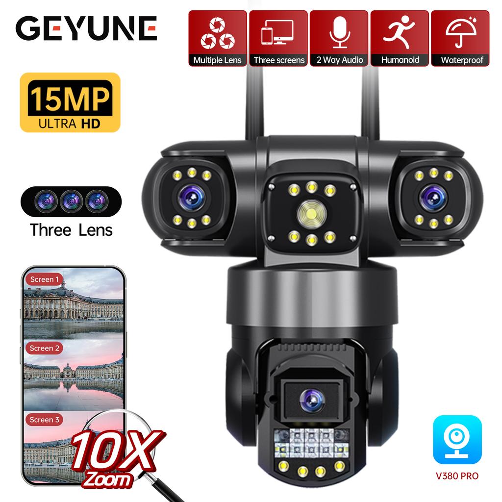 WIFI IP 8K 15MP HD Three Lens PTZ Outdoor Motion Detection Security Camera Waterproof Surveillance CCTV V380