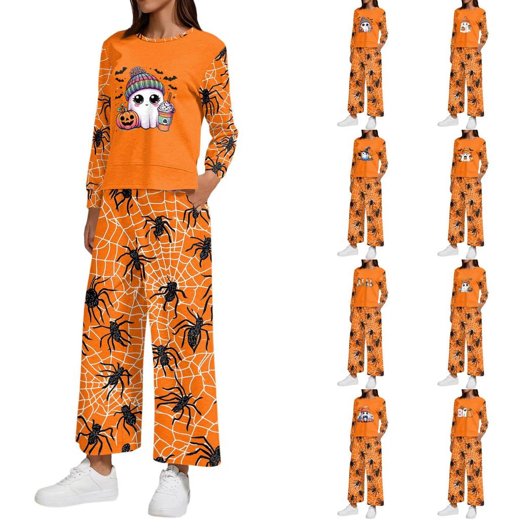Women's Casual Round Neck Loose Fit Sweatshirt and Pants Set with Halloween Print Hem Slit for Halloween