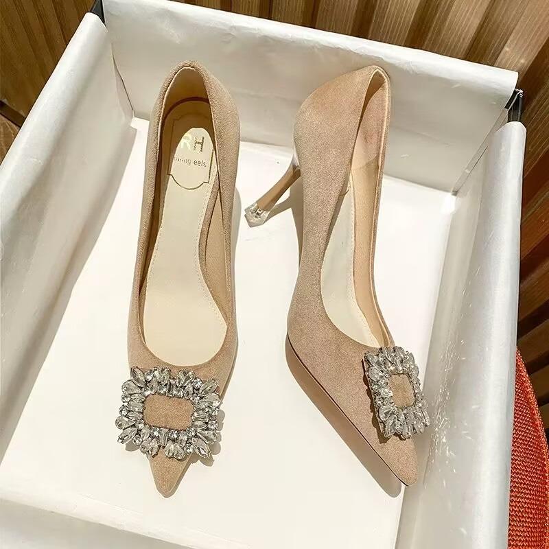 Fashion Women's Thin Heel Shoes Spring New Pointed Head Shallow Mouth Suede Rhinestone Buckle Non-slip High Heels