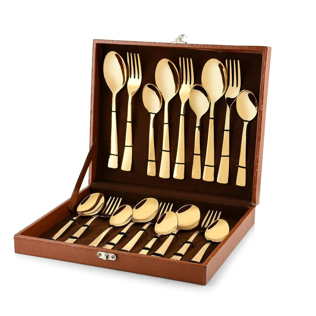Montavo Alexa Gold 18 Piece Stainless Steel Cutlery Set with Leatherette Box (6 Dinner Spoon, 6 Dinner Fork & 6 Teaspoon)