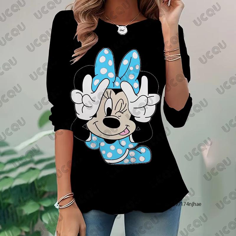 

Cartoon Disney Mickey Mouse Print Womens Long Sleeve Tshirt Autumn Fashion Oneck Tees Casual Pullover Oversized Y2K Tops S
