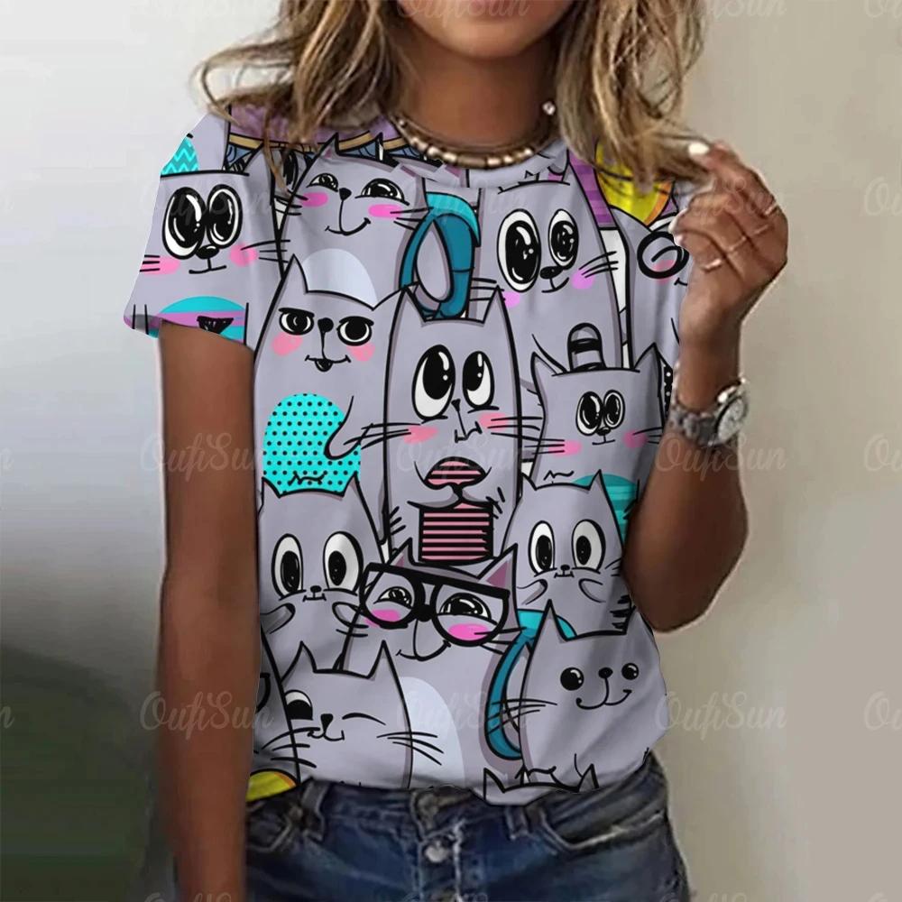 

Летняя женская футболка с 3D принтом, милый мультяшный кот, топы с круглым вырезом, футболки, женская модная одежда с короткими рукавами, повседневный стильный наряд XL