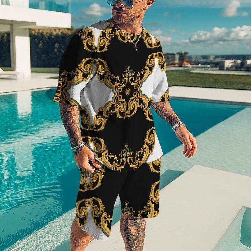 Summer New Men's 3D Printed Luxury Gold Pattern Fashion Casual Sportswear Short Sleeve T-shirt Set Men's T-shirt Two Piece Set