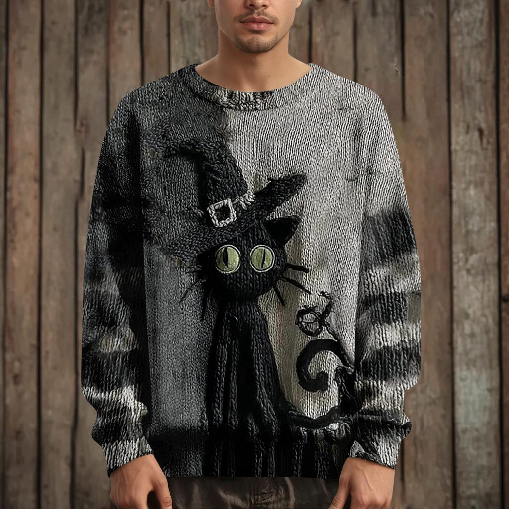 Men's Long Sleeve Pullover Sweater Casual Halloween Print Knit Oversized Sweater