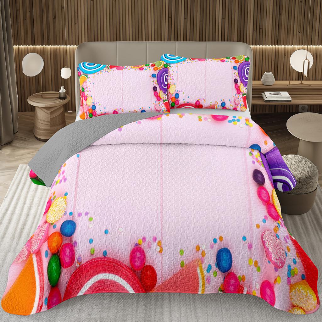 Søtt godteri dynesett for jenter gutter tenåringer, Lollipop-tema sengeteppe sett King dessert quiltet overkast tegneseriestil sengetøy