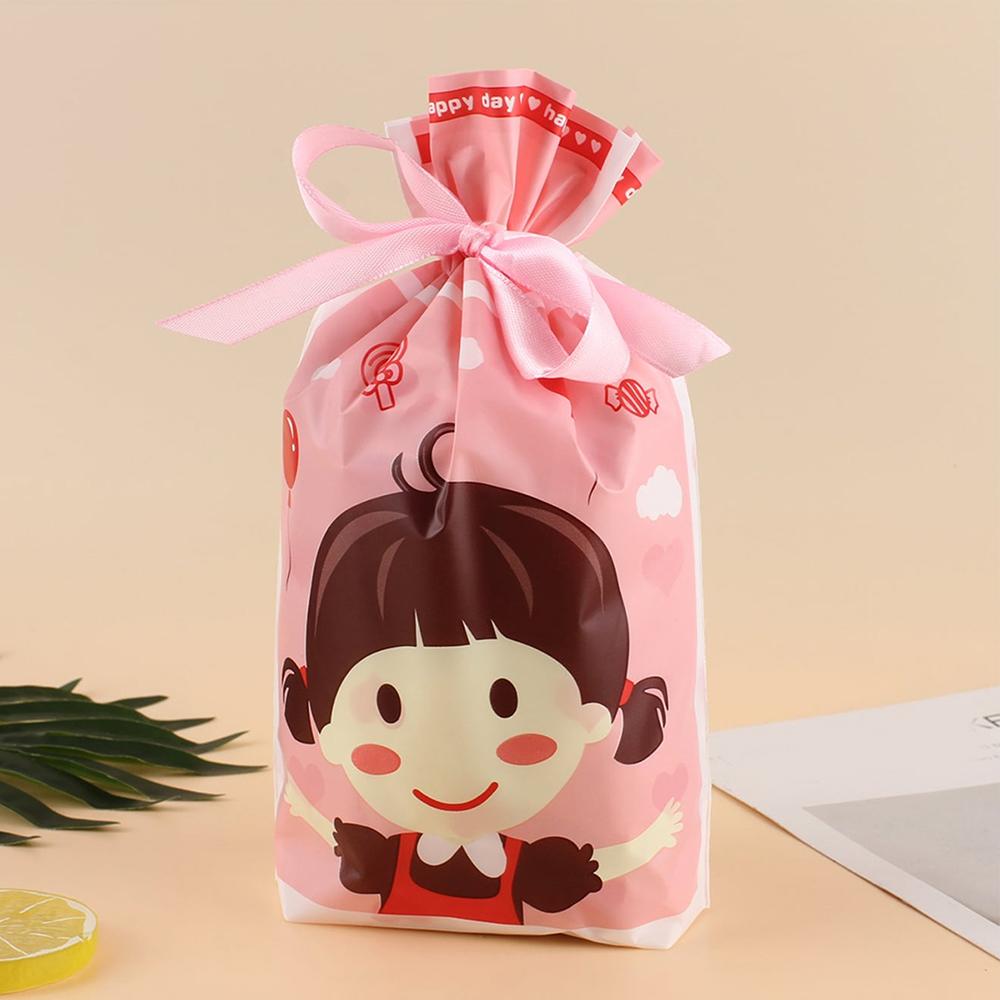 10Pcs Drawstring Gift Bags for Baby Shower Party Plastic Boy Girl Pattern Cookie Snack Candy Packaging Bags With Ribbon