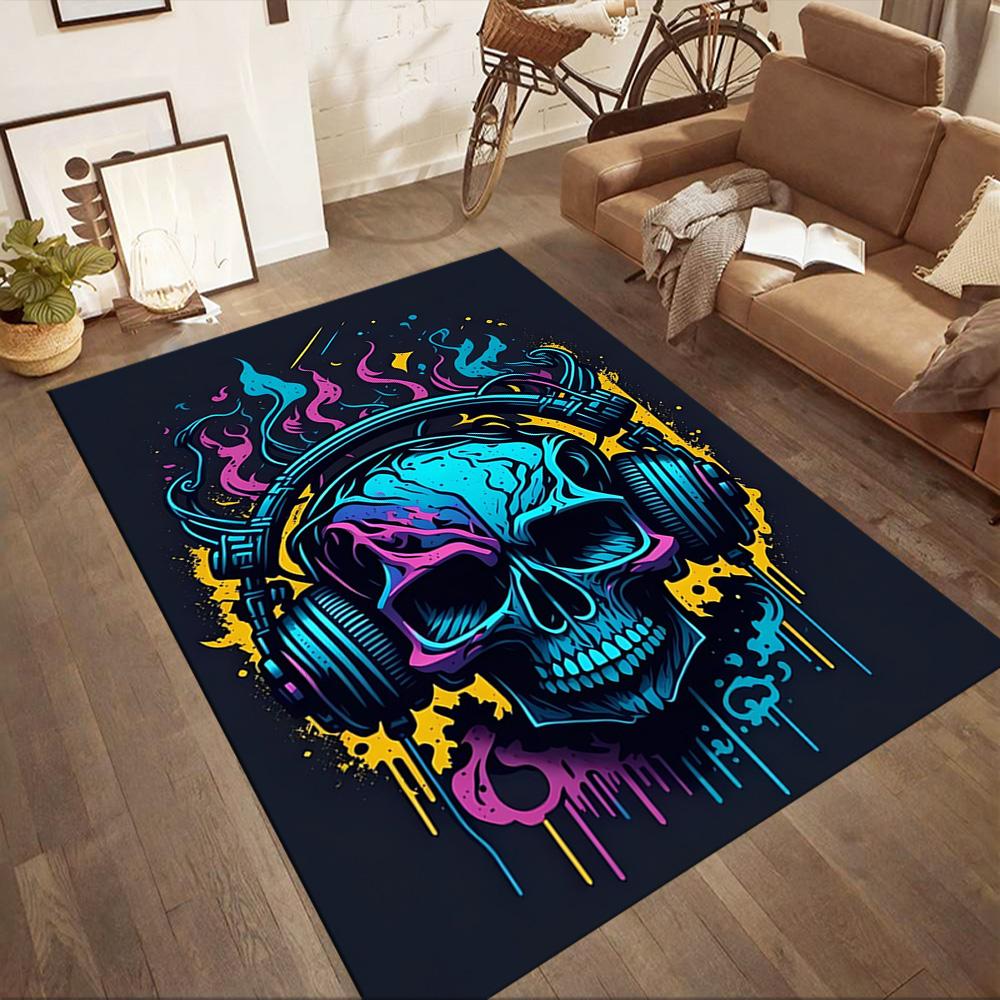 Skull With Headphones And Flames Floor Mats for Living Room, Bedroom and Room Decoration Are Suitable for Gifts.