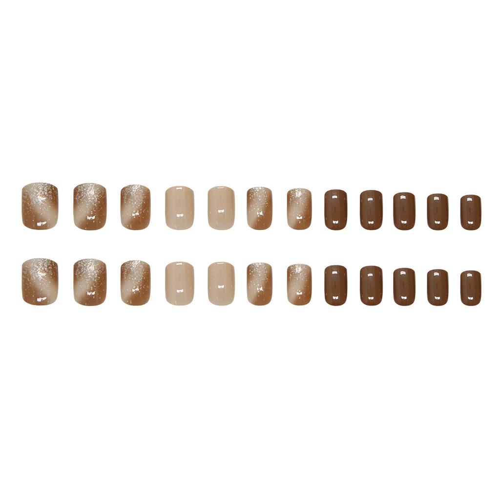 Coffee Color Smudge Fine Flash Short European Square Nails Elegant Fashion Girl Gentle Removable Manicure Tablets 24 Pieces