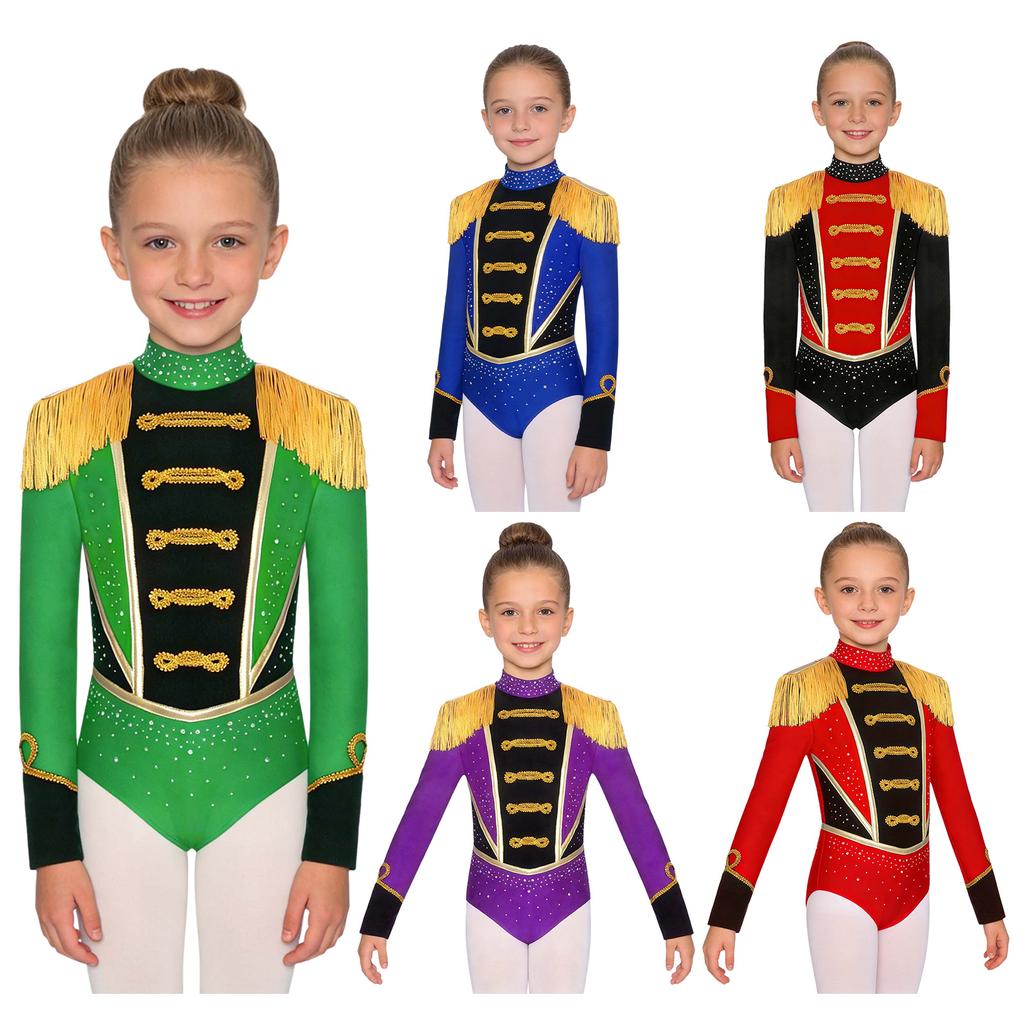 Girls Fancy Dress Circus Bodysuit Shiny Rhinestones Long Sleeve Fringe Epaulets Contrast Color Leotard for Halloween Costume