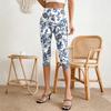 Women's Elastic Waist Casual Capri Pants Slim Fit Cropped Trousers with Side Slits and Geometric Pattern Design for Everyday Wear