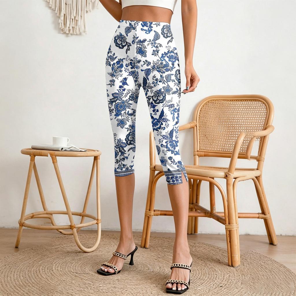 Women's Elastic Waist Casual Capri Pants Slim Fit Cropped Trousers with Side Slits and Geometric Pattern Design for Everyday Wear