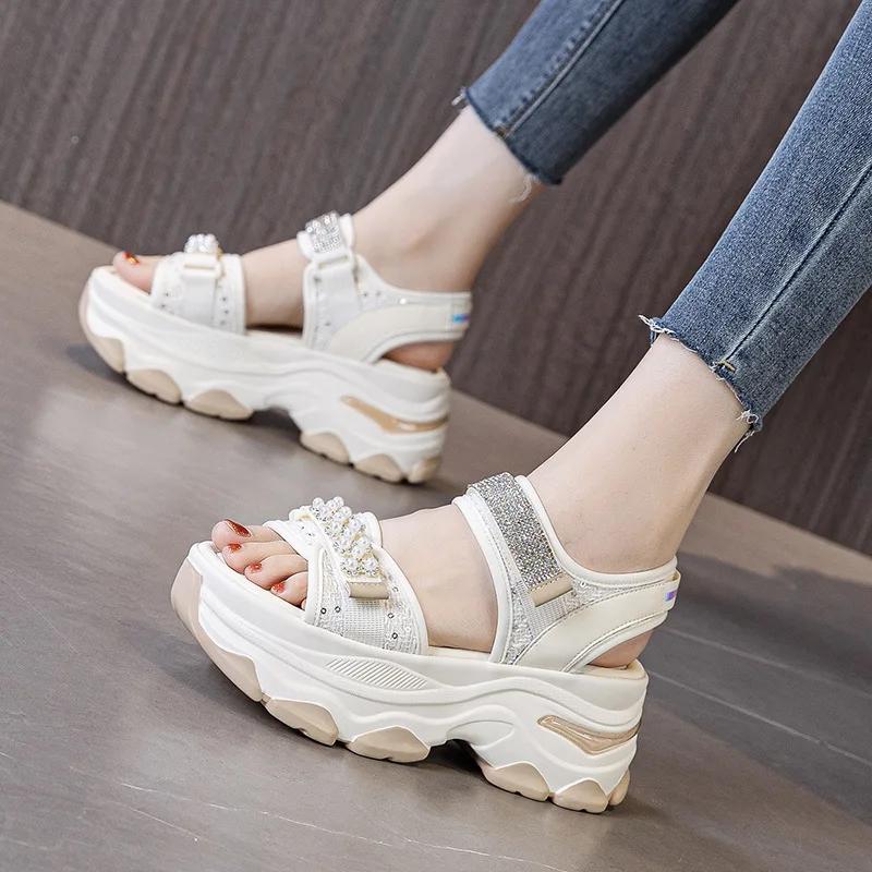 Fashion 7CM Cloth Synthetic Leather Sandals Flat Women Slippers Pumps Platform Wedge Hook Summer Hollow Fashion Bling Peep Toe Shoes