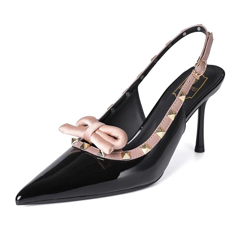 

Fashion Sweet Bow Rivets Pumps Women High Quality Patent Leather Pointed Toe Back Strap Buckle Slide Sandals Fashion Comfort Dress Shoes 35
