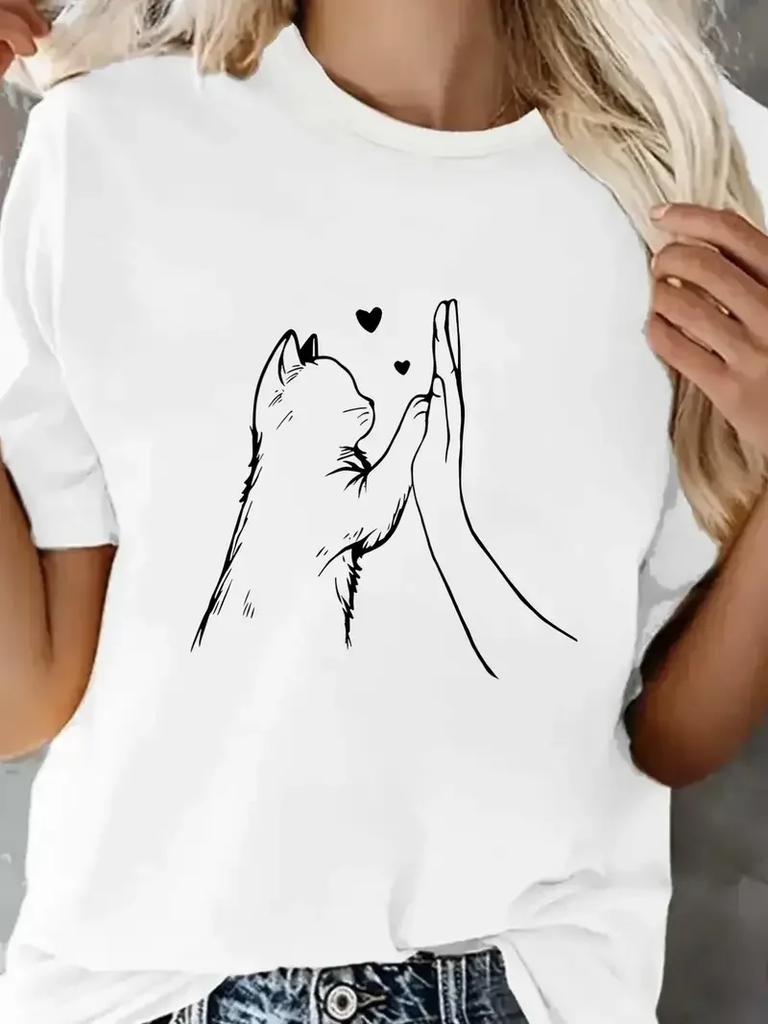 Comfortable Lovely Cat Paw Heart Print T-Shirt Short Sleeve T Shirt Women's T-Shirt Clothing Top Tee