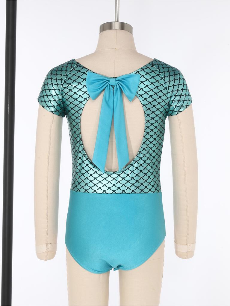 Girls Metallic Fish Scale Print Leotard Short Sleeve Bowknot Cutout Back Ballet Gymnastics Bodysuit