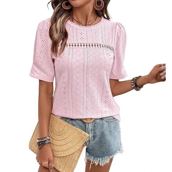 2026 Women's Summer Lace Top: Round Neck, Short Sleeve, Fashionable Hollow Design