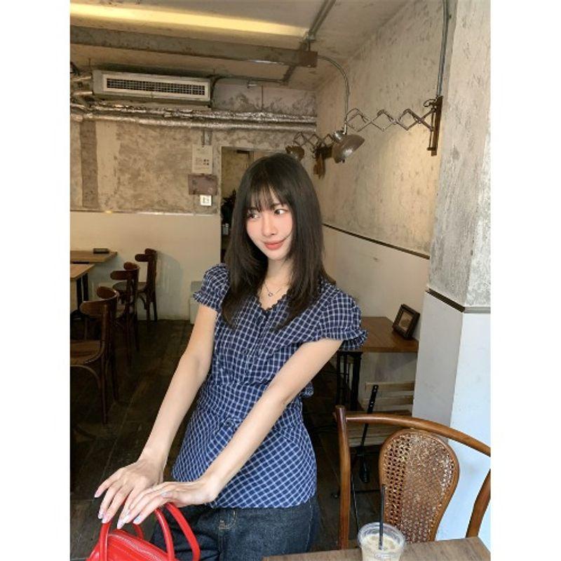 Kumikumi High Sense Retro Plaid Short Sleeve Shirts Women Summer Niche Lace Edge Waist Hugging Slimming Top