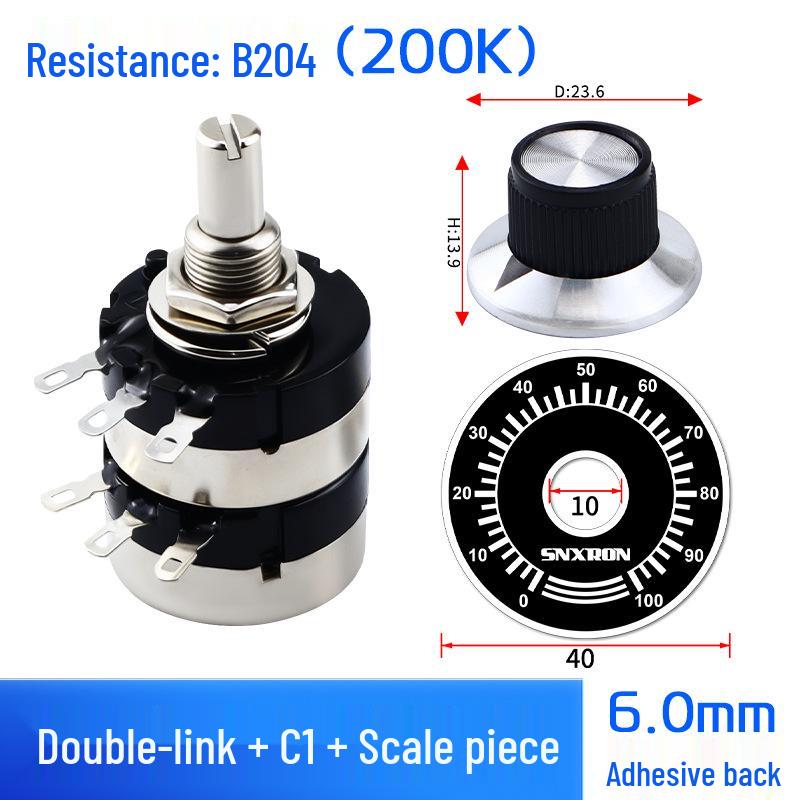 Dual-Gang Carbon Film Potentiometer: RV24YG20S, Variable Frequency Speed Control with B102/202/502 Knob Scale, Available In 5K/20K Ohm.