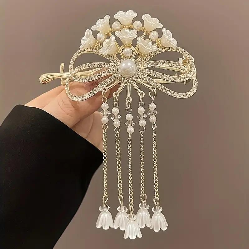 1pc Vintage Rhinestone Hair Clip Elegant Tassel Bow Design for Women Sparkling Holiday Daily Wear Jewelry Accessory