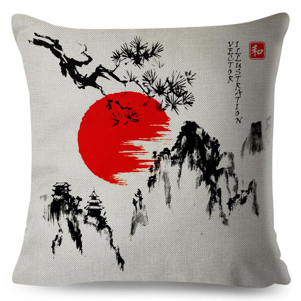 Japanese Style Ink Cushion Cover for Sofa Home Car Decor Beautiful Scenery Cat Girl Pillowcase Polyester Pillow Case 45x45cm