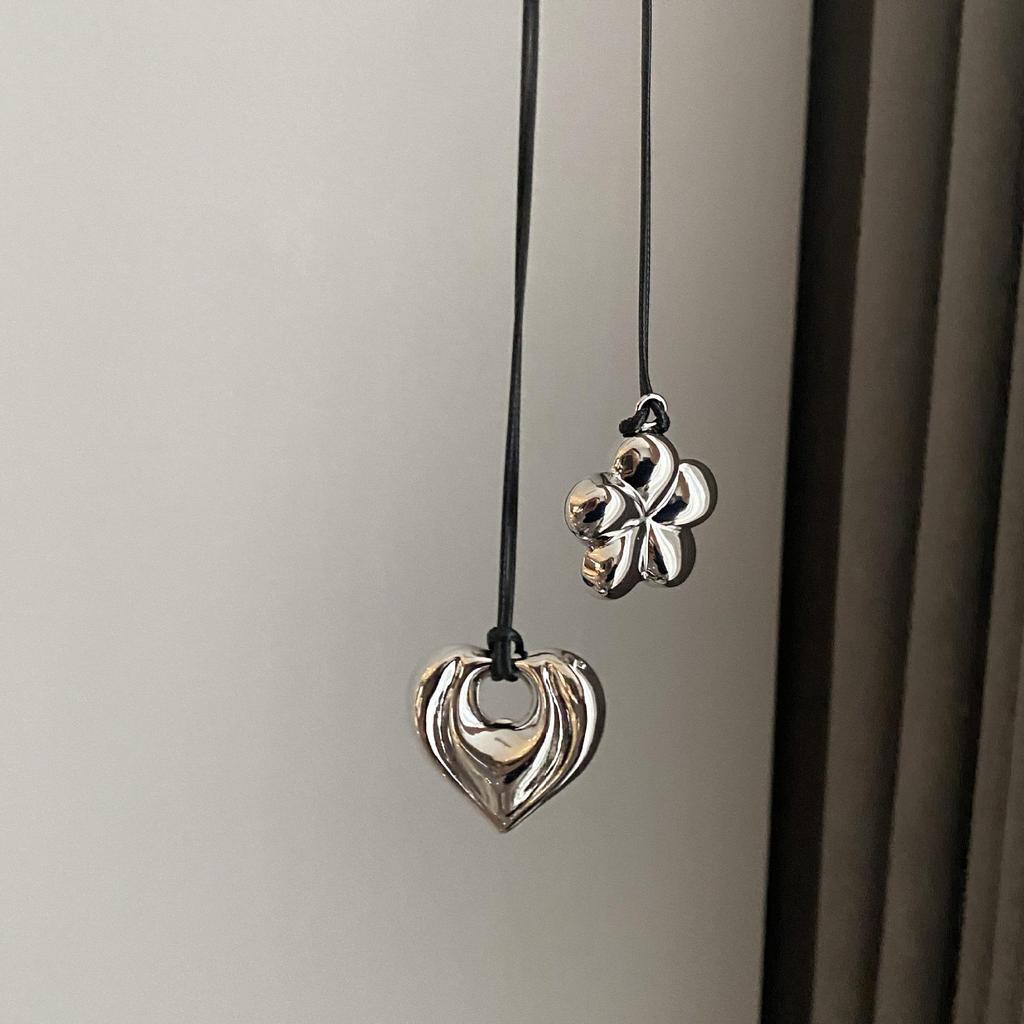 Geometric Silver Black Rope Sweater Chain Necklace for Women, Korean-Style, Long and Versatile