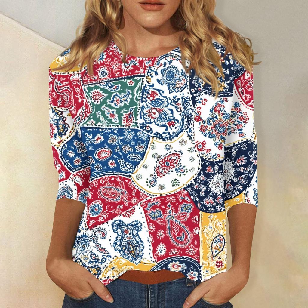 Women's Fashion Casual Three-quarter Sleeve Vintage Floral Print Round Neck Top