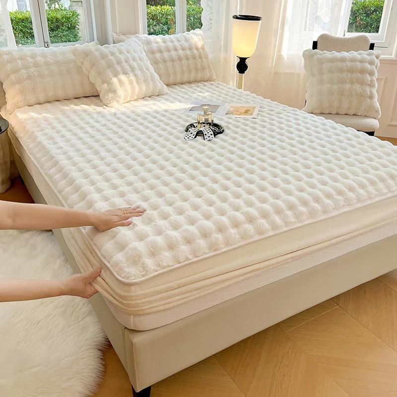 Warm Rabbit Plush Bedsheet Winter Thick Mattress Cover Milk Velvet Mattress Protective Cover Quality Velvet Bed Sheets For Home