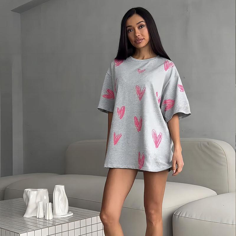 Casual O-neck Heart Print Women T-shirt Summer Short Sleeve Loose Cotton Female Basic Tops Shirt Tees Women Clothes