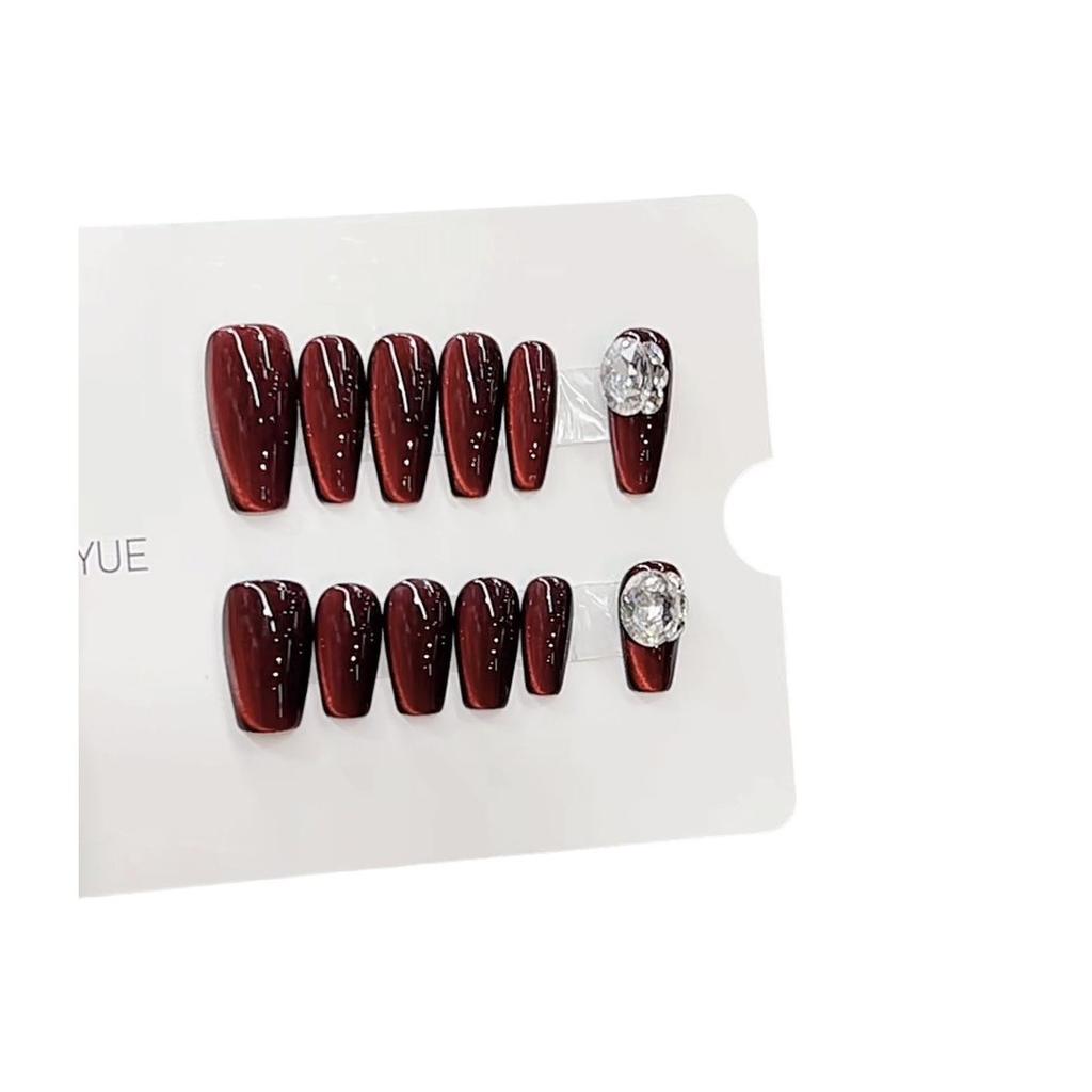 Pure Hand-made Phototherapy Wearable Nail Tablets 12 Red Cat Eye Wearable Nails Finished Product Reusable Nail Art