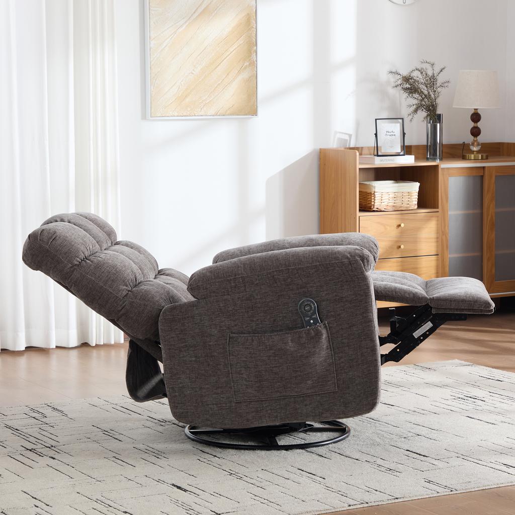 Poltrona Reclinabile Elettrica Girevole a 360° con Funzione Massaggio e Riscaldamento, Schienale e Poggiapiedi Regolabili Manualmente, Tasche Laterali portaoggetti..Grigio