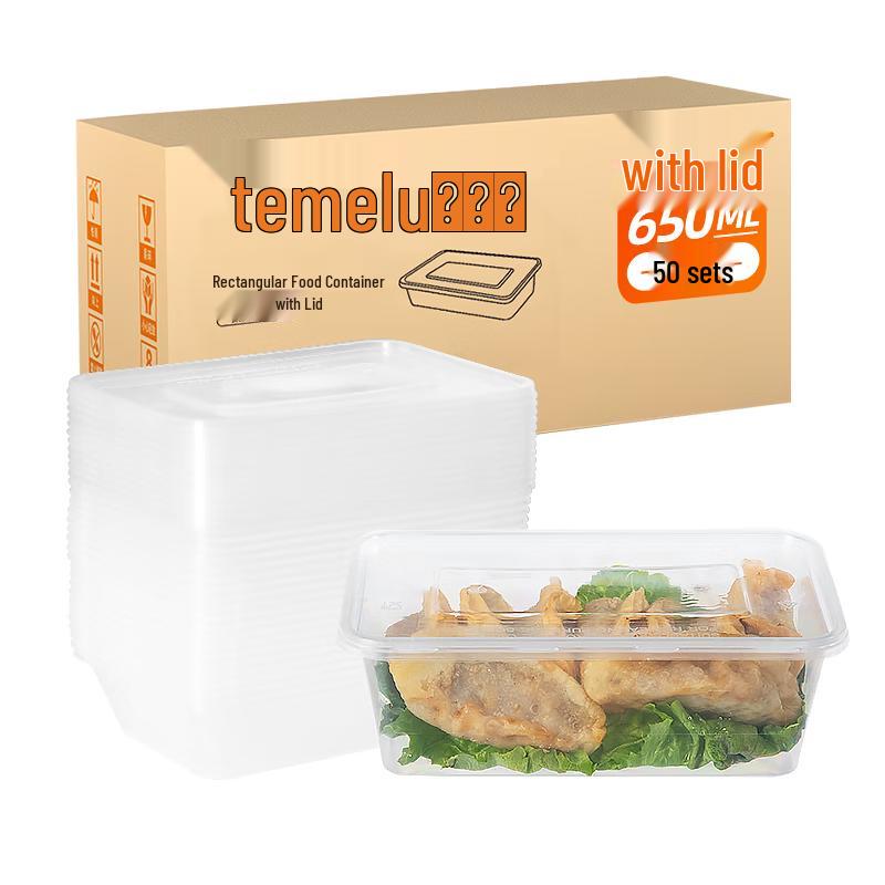 Temeiju Disposable Rectangular Plastic Food Containers with Lids, 50-Pack