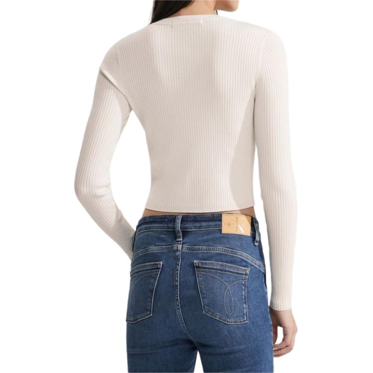 Calvin Klein Solid Color Letter Embroidered Round Neck Single-Breasted Cardigan Long Sleeve Knit Sweater Women Sweater Milk-White J223846-YBI