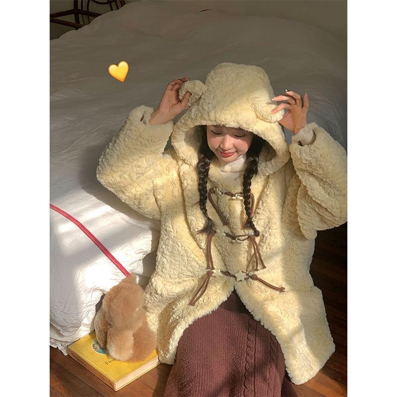 

Пушистое пальто утолщенное зимнее сырно-желтое меховое пальто с милыми медвежьими ушками пальто из овечьей шерсти L-120-70 kg