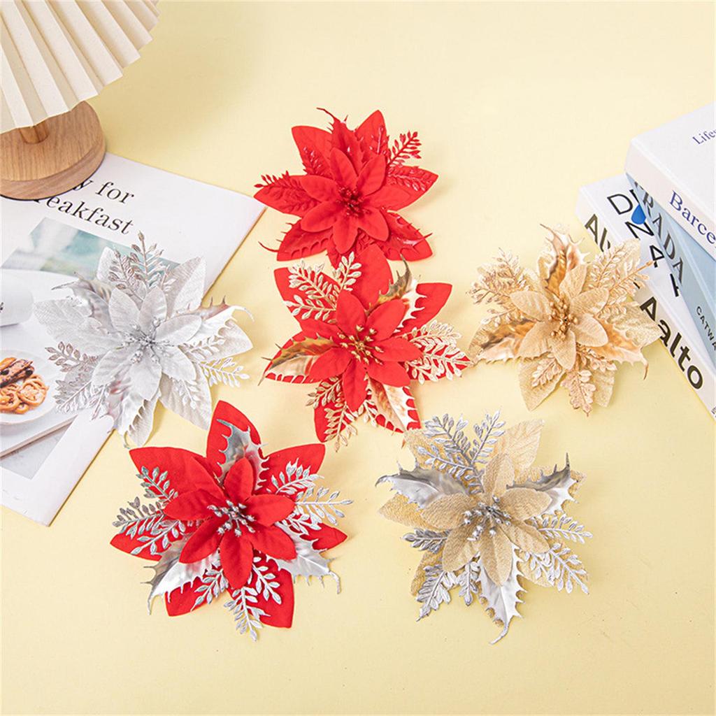 10pcs Glitter Artificial Poinsettia Flower Christmas Decorations for XmasTree Wreath Ornament Wedding Home New Year Gift