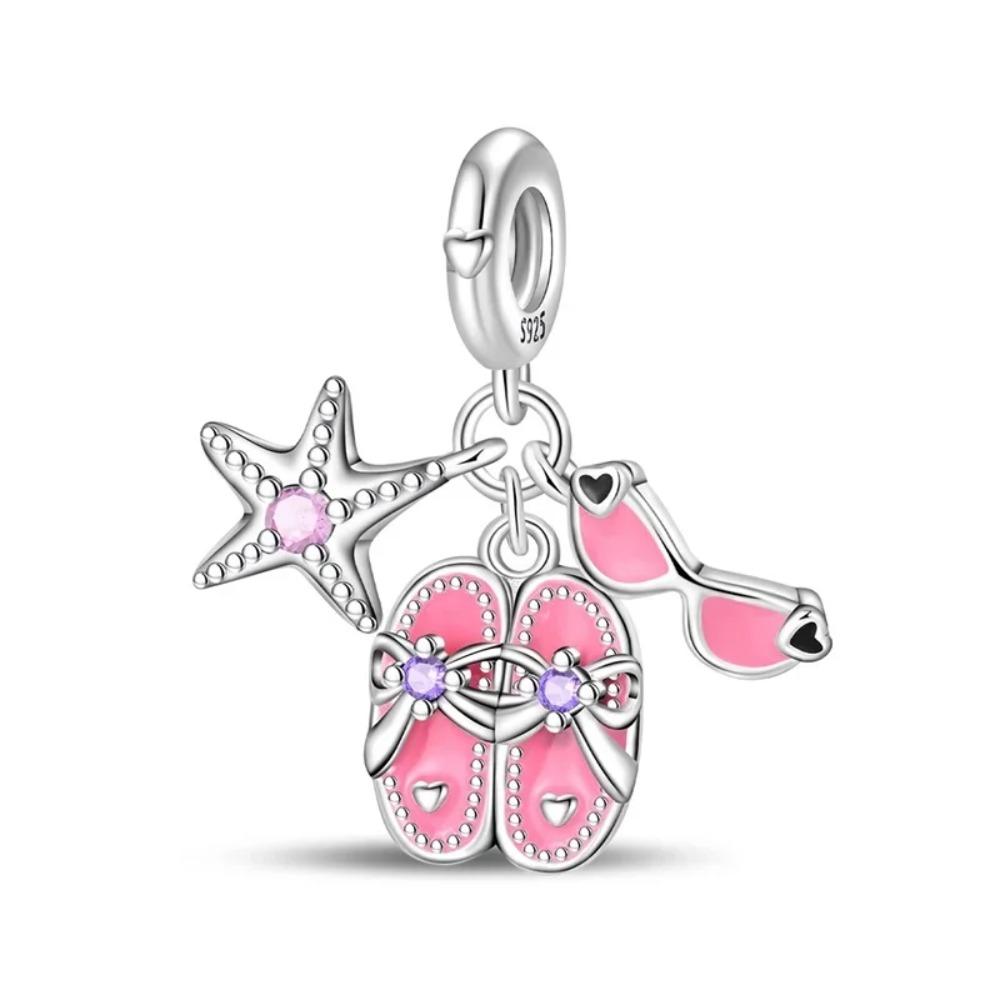925 Silver Pink Blossom Dangle Charm Butterfly Heart Flower Rose Bird Bead For DIY Necklace Bracelet Fine Jewellery