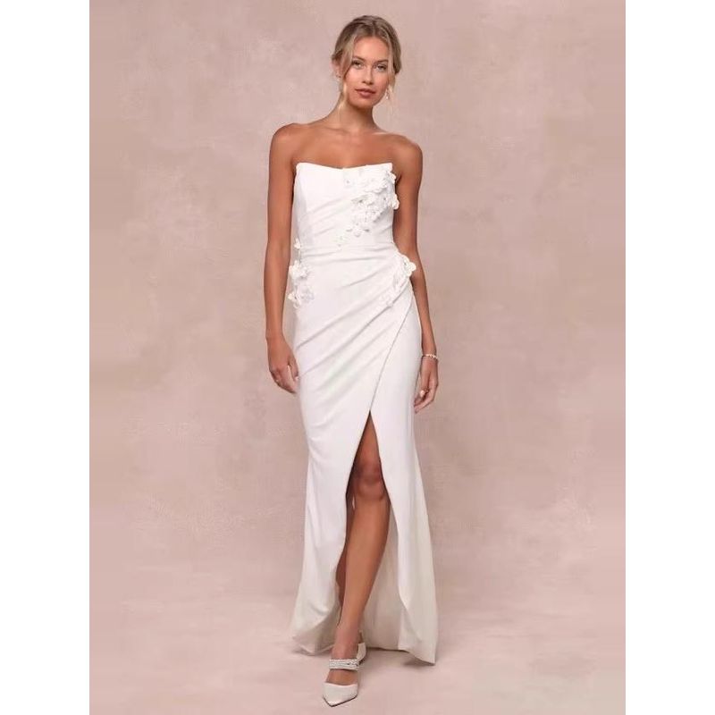 Export Single Annual Party Party Pure White Fairy Temperament Three-Dimensional Flower Tube Top Split Host Red Carpet Dress Long Skirt