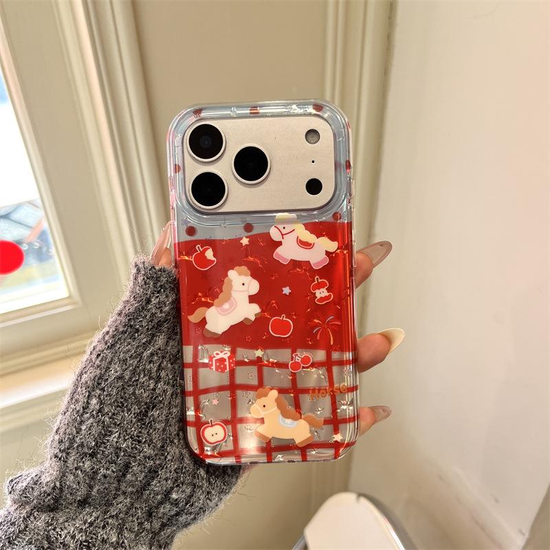 Red Plaid Horse Apple Phone Case for 17 Pro Max, 16 Pro Max, 15 Pro/14 Pro - Double Layer, New Year Style