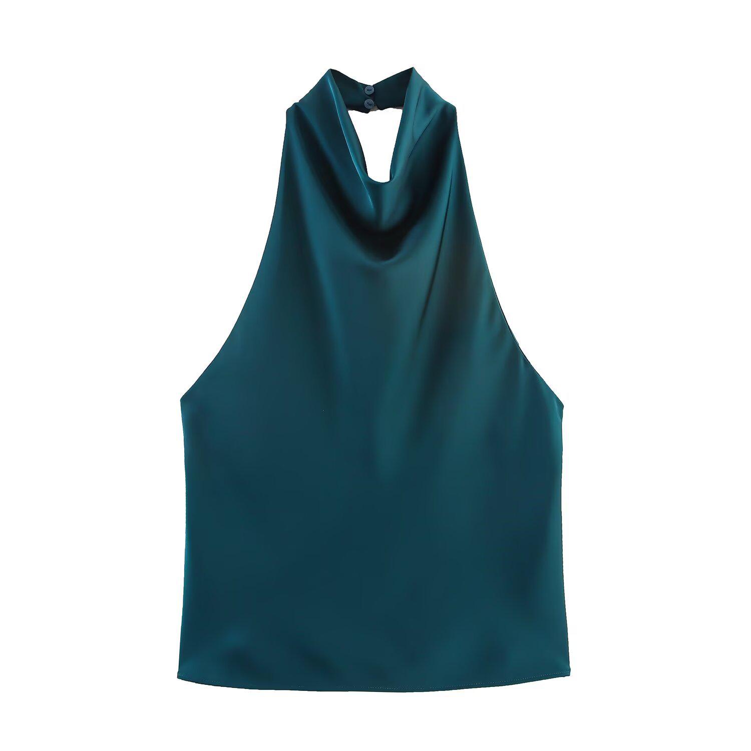 

European and American Women s Silk Satin Halter Top - INS Fashion Trend S море синього кольору