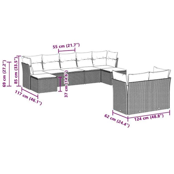 VidaXL Garden Lounge Set with Cushions 9 Pcs, Sofas with Adjustable Feet, Outdoor Furniture Set Patio Terrace, 3218312