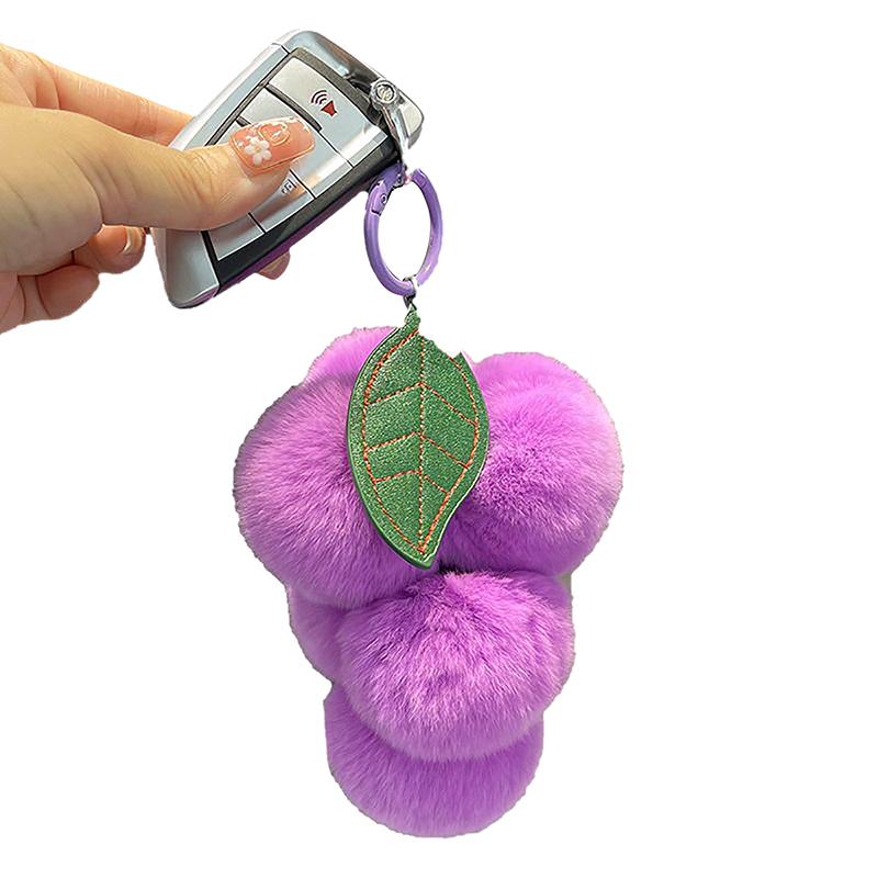Lovely Grape Pom Poms Keychains Fluffy Pompoms Keychain Imitation Rex Rabbit Fur Pompoms Keyring Car Key Chain Pendant Accessor