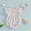 Baby Girl Summer Outfits Floral Print Smocked Crew Neck Flying Sleeve Romper and Bow Headband 2 Pcs Set