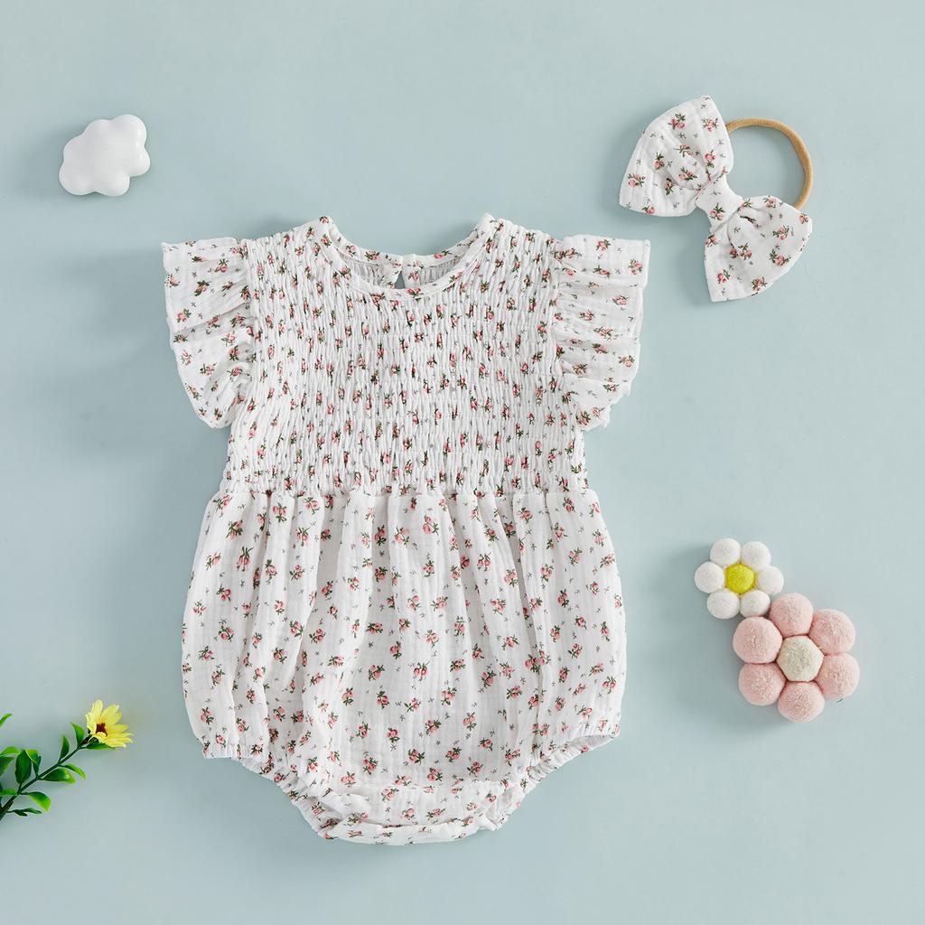 Baby Girl Summer Outfits Floral Print Smocked Crew Neck Flying Sleeve Romper and Bow Headband 2 Pcs Set
