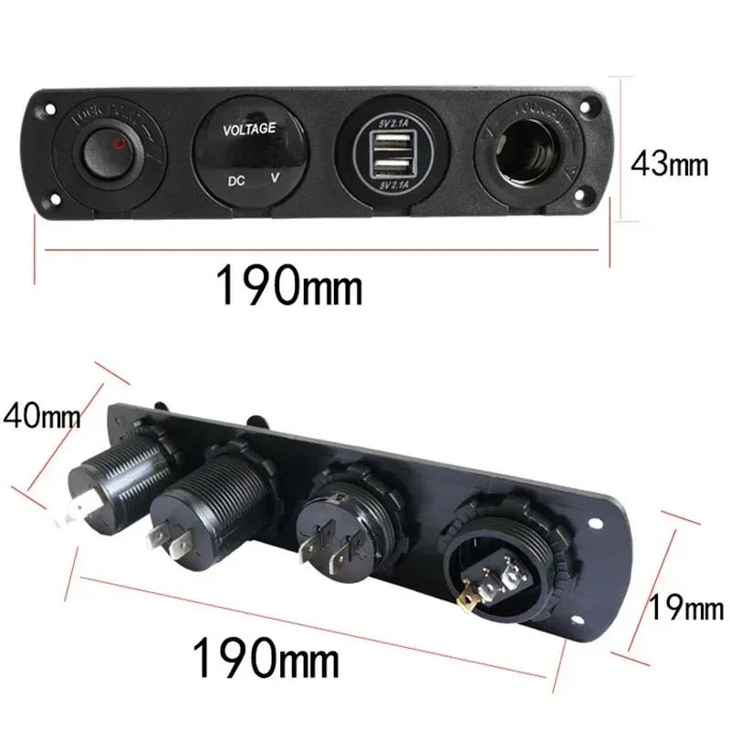 4 in 1 Marine Switch Panel 12V Dual USB Charger Socket Power Outlet LED Voltmeter Cigarette Lighter Socket ON Off Button Switch