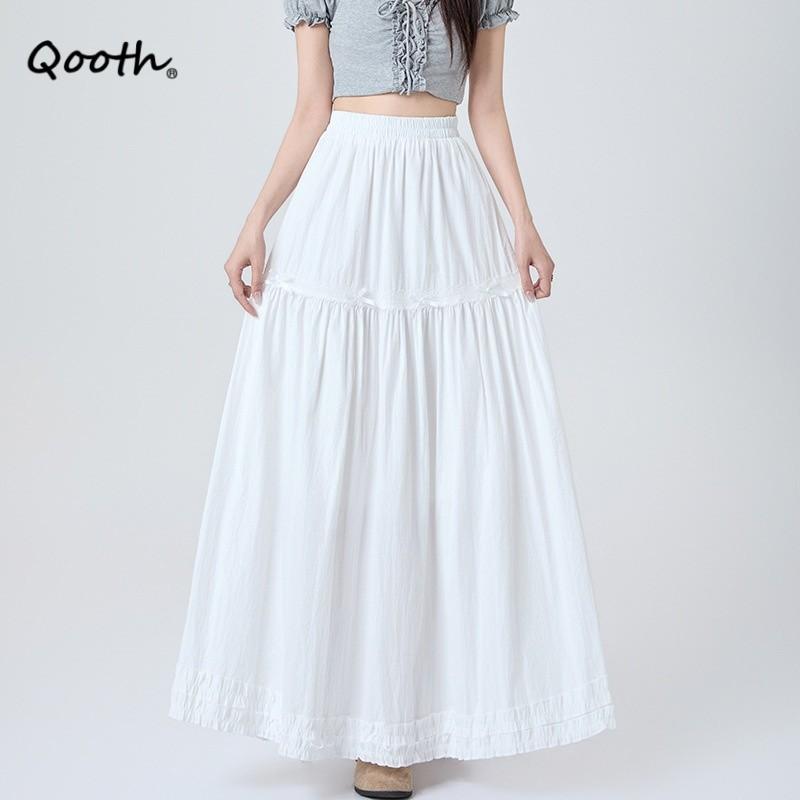 Qooth White Tiered Ruffle Skirt Bow Detail A-Line Midi Slimming QT2865
