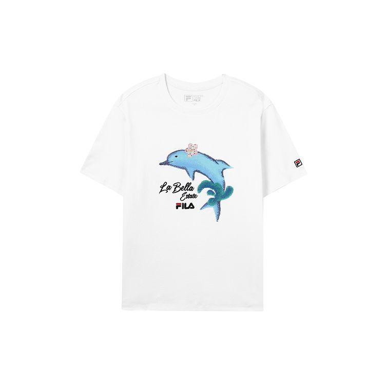 Fila Dolphin Print Casual Sports Short Sleeve T-Shirt Women Tops White F51W128107F-WT