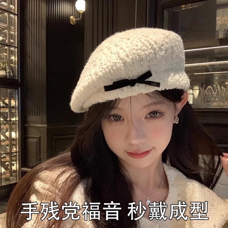 Bow lamb plush beret women's autumn and winter new painter hat show face small hat