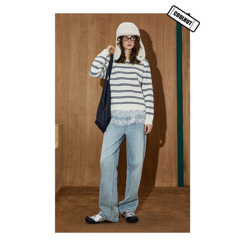 Coolhut2025 Autum Women's Fashionable Wide-Leg Pants Light Blue Straight-Leg American Retro Loose and Versatile Jeans