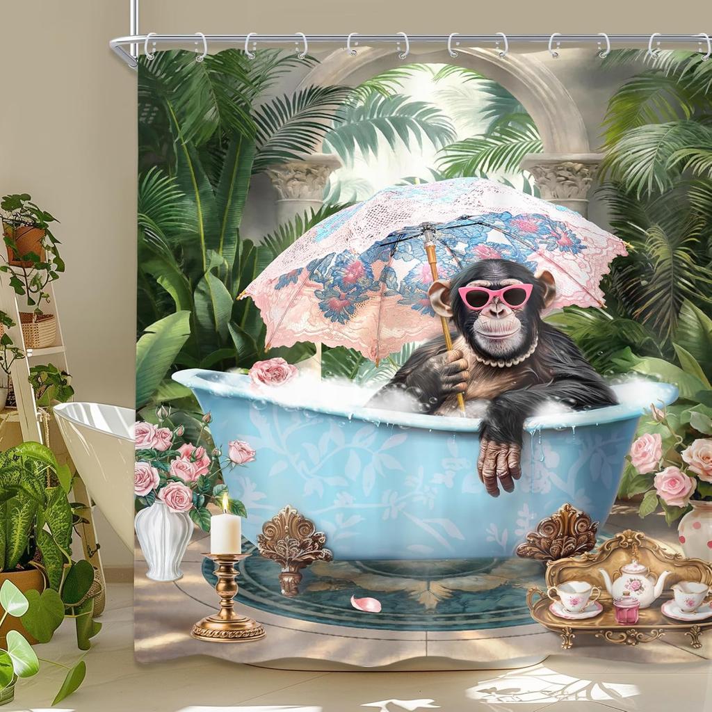 Funny Monkey Shower Curtain Meditation Zen Spirit Animal Chimpanzee Lotus Leaves Plant Bamboo Nature Bathroom Modern Waterproof