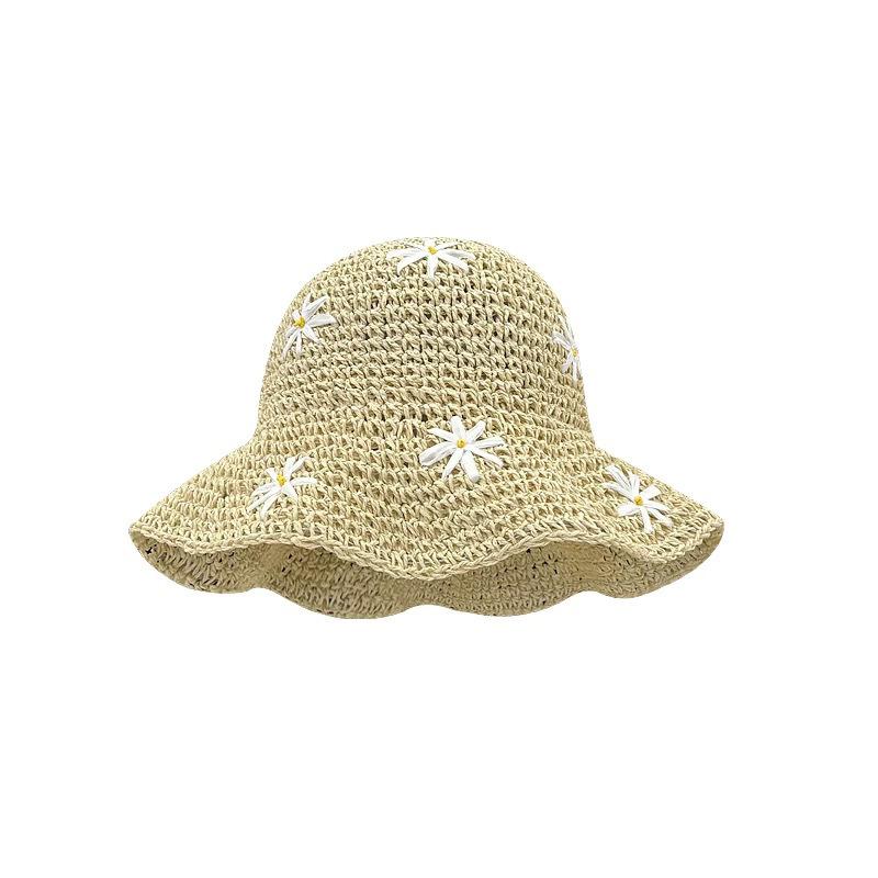 Summer Crochet Straw Hat For Women Sweet Flower Embroidered Bucket Foldable UV Protection Beach Panama Sunshade Caps
