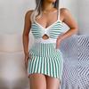 Frühling Sommer Sexy Einfarbig Kontrast Streifen Hohe Taille Gestrickte Strap Wrap Hüfte Kleid